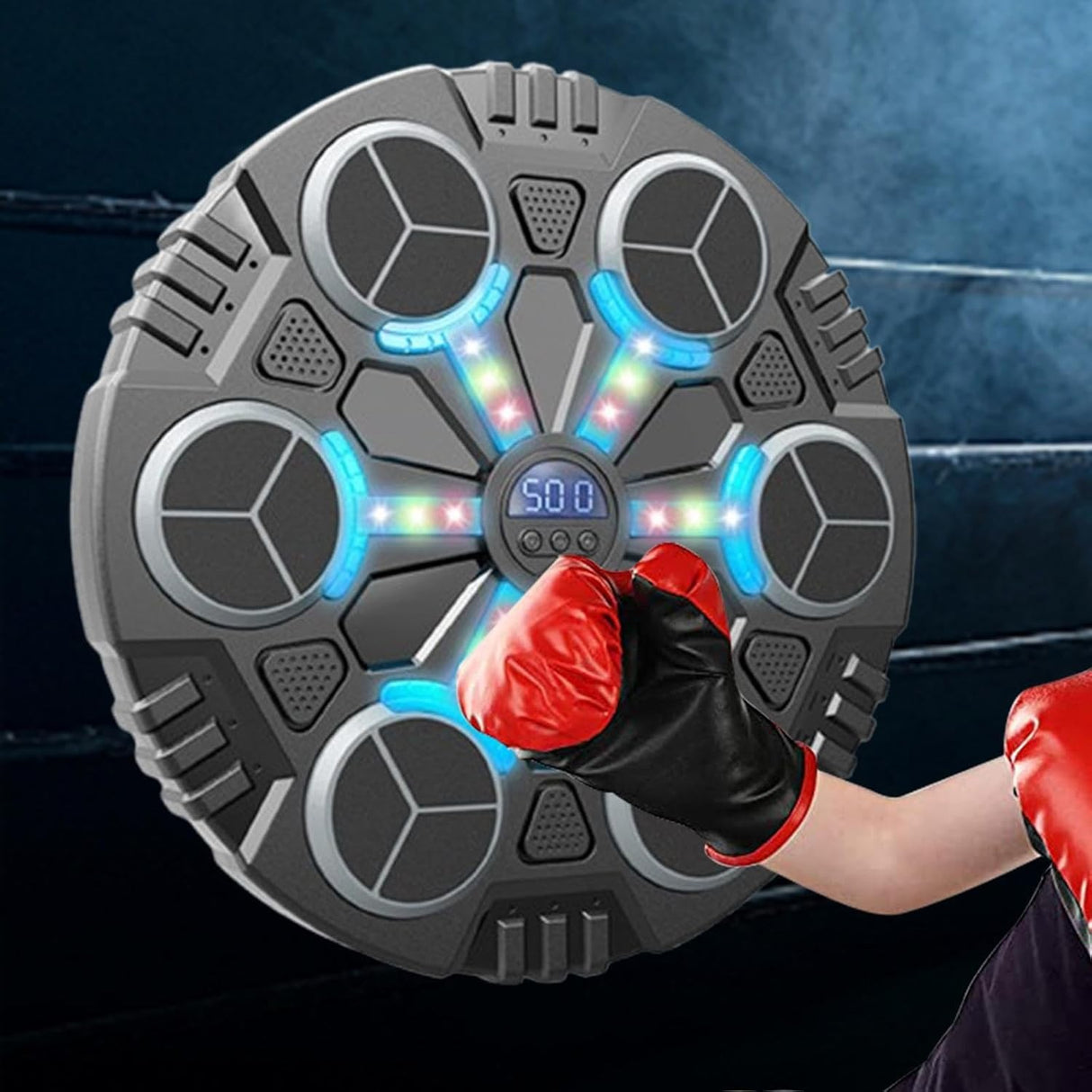 Jucarie de Boxat cu Muzica si Lumini, Vivimall, Manusi Incluse, Bluetooth, Incarcare USB, Aplicare cu Ventuze, 6 Tinte, 32x27x3.5 cm, 930 g, Negru - vivimall.ro