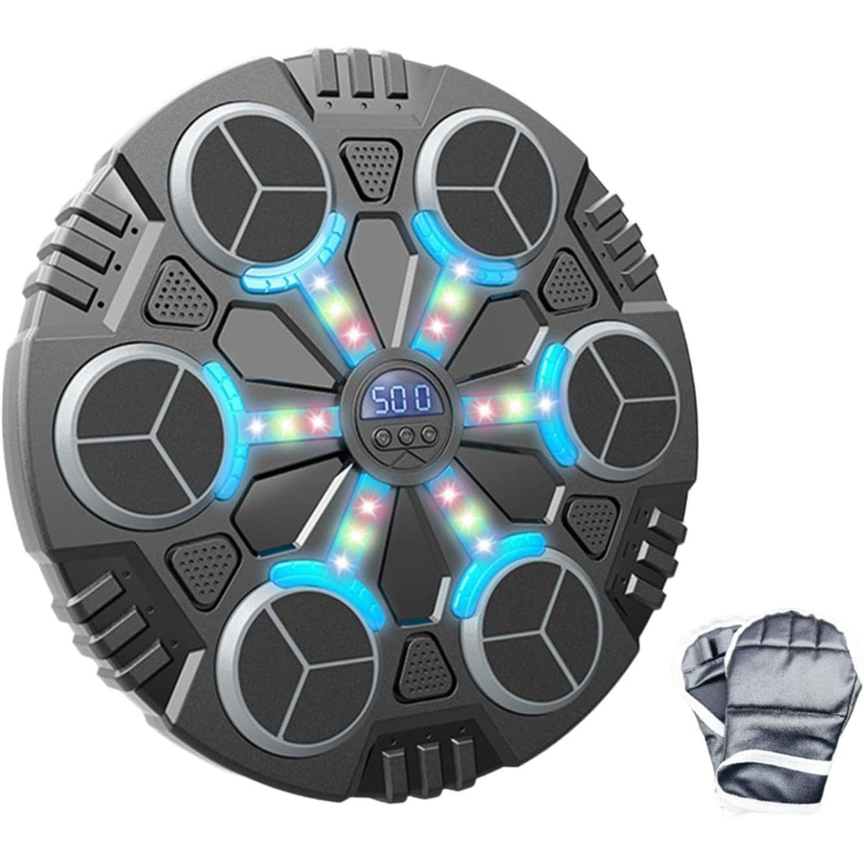 Jucarie de Boxat cu Muzica si Lumini, Vivimall, Manusi Incluse, Bluetooth, Incarcare USB, Aplicare cu Ventuze, 6 Tinte, 32x27x3.5 cm, 930 g, Negru - vivimall.ro