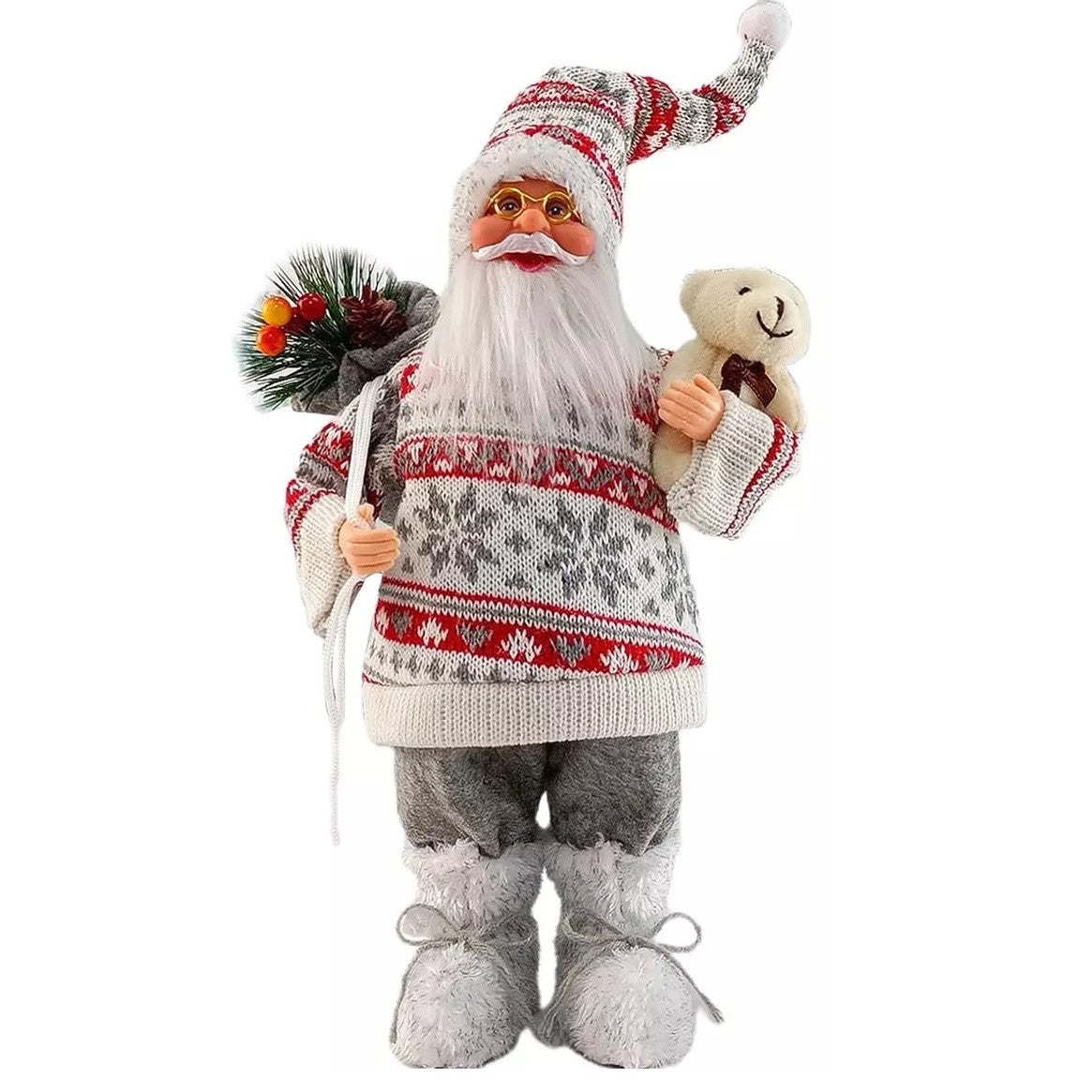 Figurina Decorativa Craciun, Vivimall, Mos Craciun cu Flori si Urs, 30 x 17 x 10 cm, Material Plastic+Textil, Interior/Exterior, Rosu/Gri - vivimall.ro