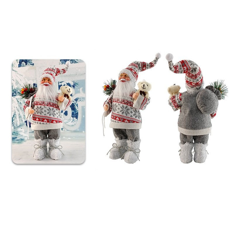 Figurina Decorativa Craciun, Vivimall, Mos Craciun cu Flori si Urs, 30 x 17 x 10 cm, Material Plastic+Textil, Interior/Exterior, Rosu/Gri - vivimall.ro