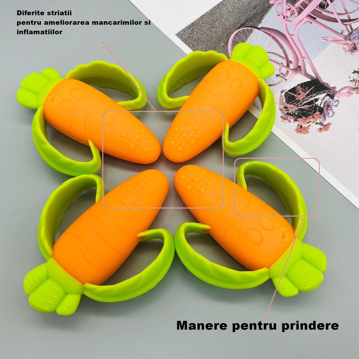 Jucarie dentitie bebelusi Vivimall, morcov, 10x7.5x2.8 cm, cu manere de prindere, material silicon non-toxic, fara miros, portocaliu - vivimall.ro