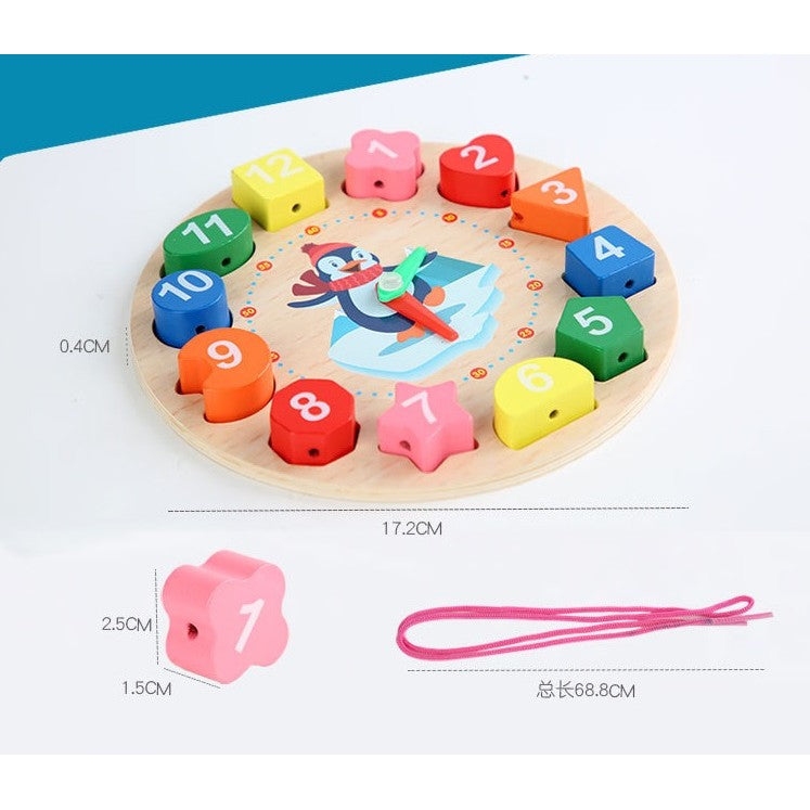 Detaliu piese geometrice jucărie Montessori ceas pinguin din lemn masiv, multicolor, +36 luni