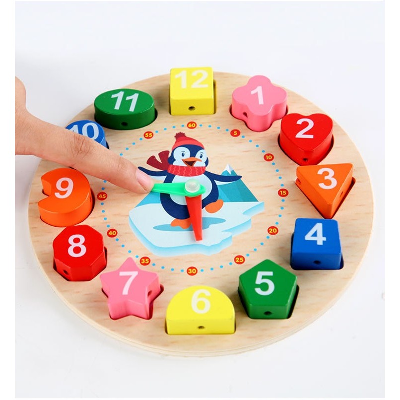 Jucărie Montessori ceas pinguin 17.2 cm, vedere de sus, 12 piese detașabile, culori contrastante