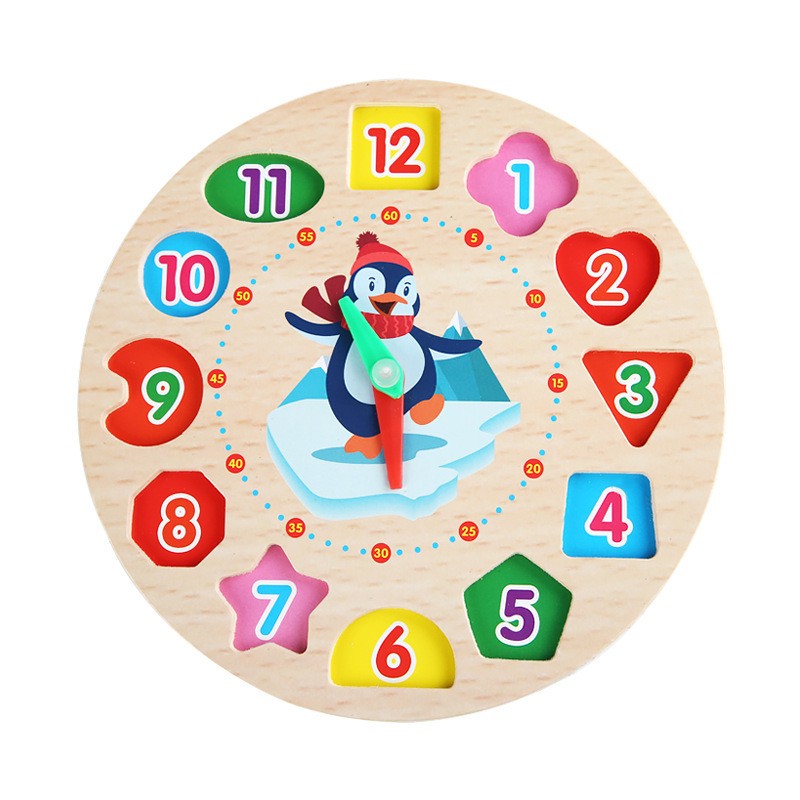 Jucărie educativă Montessori din lemn, model ceas pinguin, 12 piese colorate, vedere frontală, 17.2 cm
