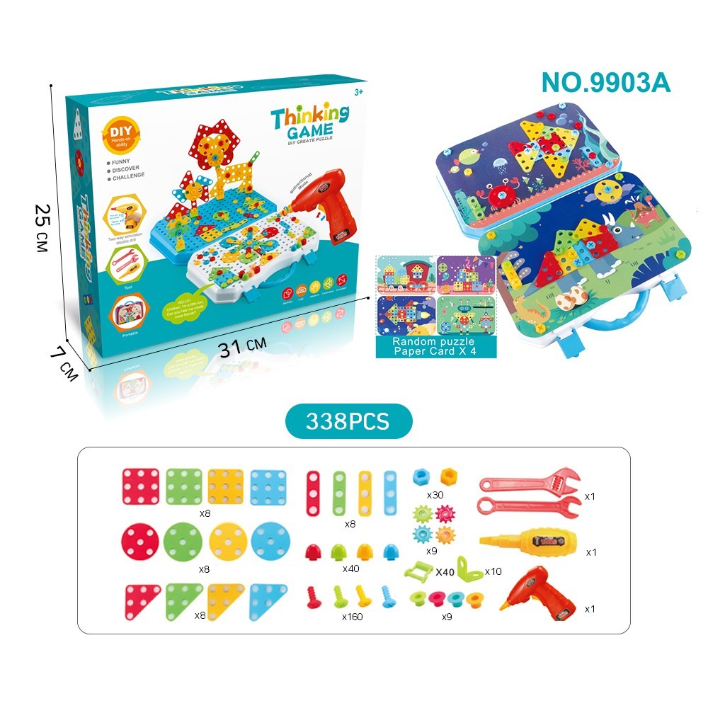 Jucarie Educativa Si Interactiva, Vivimall, Set De Constructie Puzzle Din ABS Cu Bormasina Pentru Dezvoltatea Creativitatii Si A Indemanarii 2D si 3D, Valiza, +3, 31x7x25 cm, 338 Piese - vivimall.ro