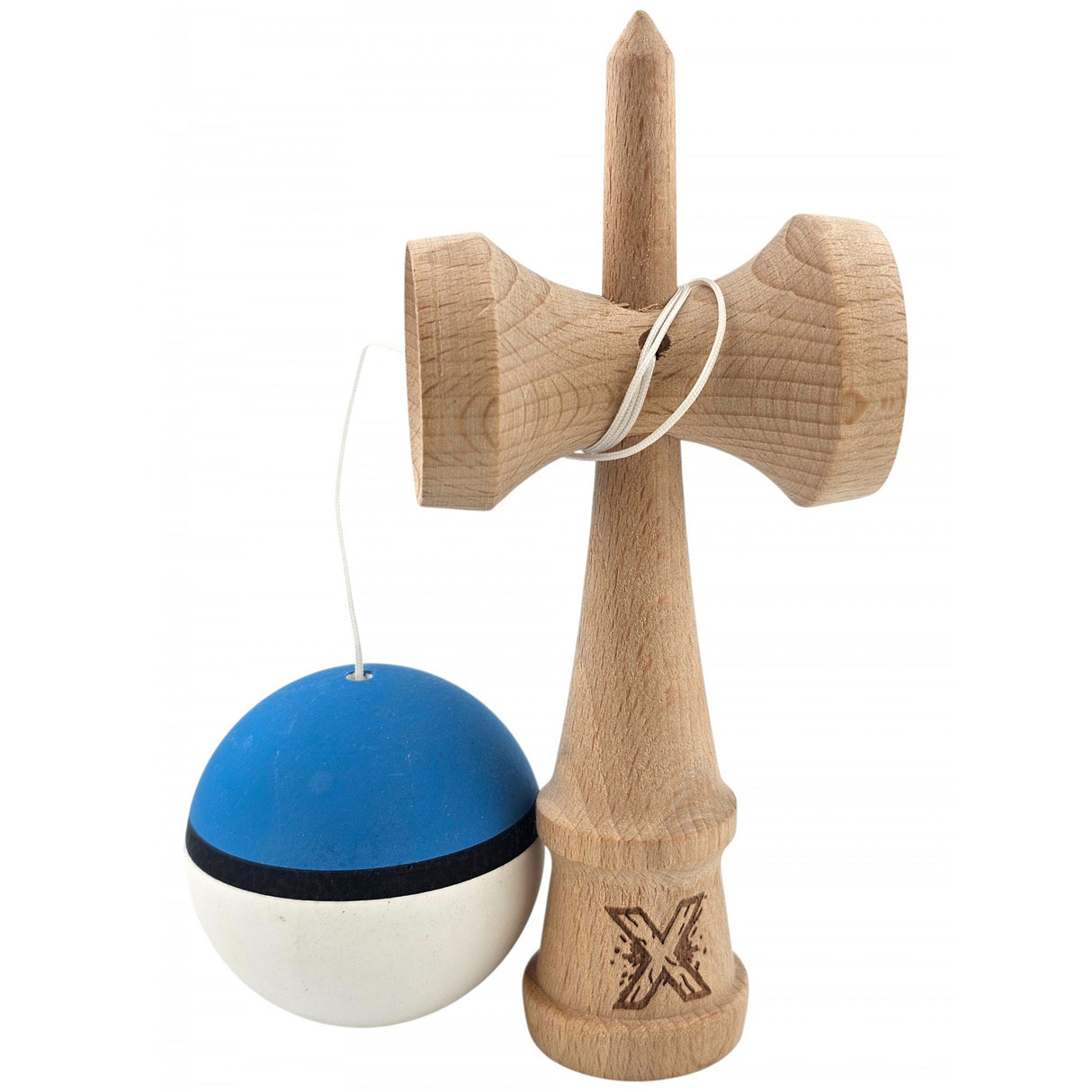 Kendama X Originala, Profesionala, Vivimall, din Lemn, 18 cm, Rubber Grip, Albastru/Alb - vivimall.ro
