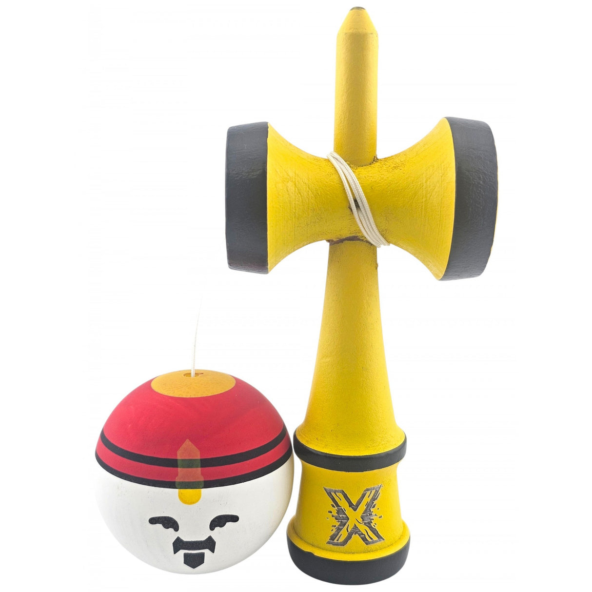 Kendama X Originala, Profesionala, Model Rege, Vivimall, din Lemn, 18 cm, Model Bicolor cu Maner Galben, Rosu Alb - vivimall.ro