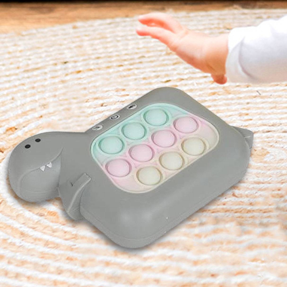 Jucarie Interactiva Pop It Whack A Mole, Vivimall, Tip Consola, Anti-Stres, 4 Moduri de Joc, din ABS si Silicon, +3 Ani, Model Dinozaur, Gri - vivimall.ro