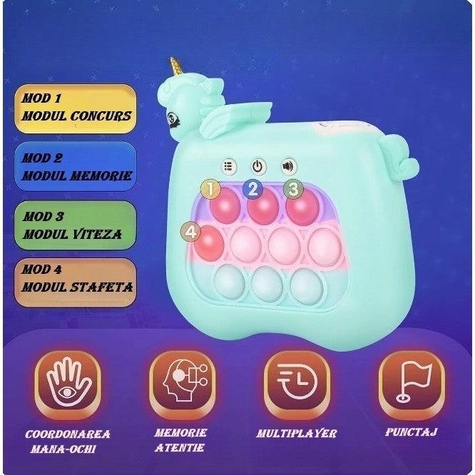 Jucarie Interactiva Tip Consola pentru Copii, Vivimall, 12 Nivele, Diferite Moduri de Joc, Material ABS/silicon, cu Nivele, Sunete si Lumini, 13.5 x 5.5 x 12.5 cm, Model Unicorn, Albastru - vivimall.ro