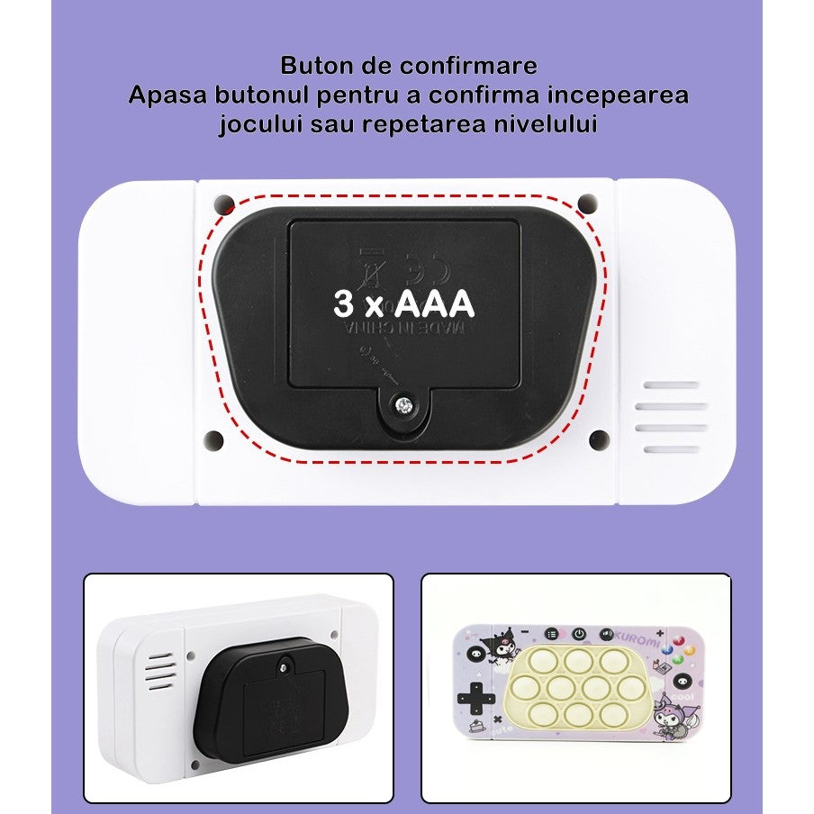 Jucarie interactiva tip consola pentru copii Vivimall, speed push whack-a-mole, joc de viteza pop it, material ABS/silicon, cu nivele, sunete si lumini, 15.5 x 7.6 x 5.3 cm, model elfi, mov - vivimall.ro