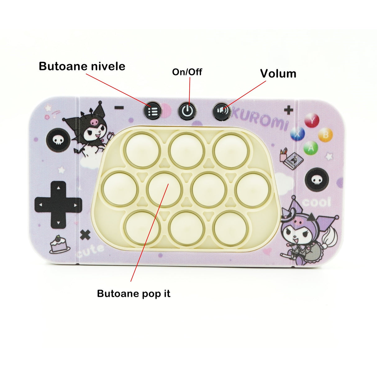 Jucarie interactiva tip consola pentru copii Vivimall, speed push whack-a-mole, joc de viteza pop it, material ABS/silicon, cu nivele, sunete si lumini, 15.5 x 7.6 x 5.3 cm, model elfi, mov - vivimall.ro