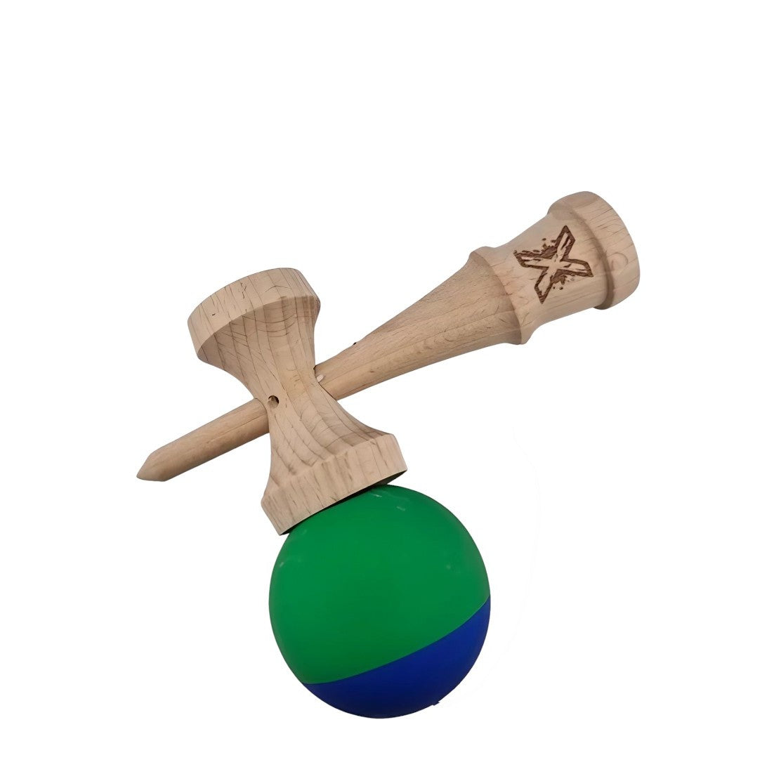 Jucarie Kendama X Originala, Profesionala, Vivimall, din Lemn, Rubber Grip, 18 cm, Albastru/Verde