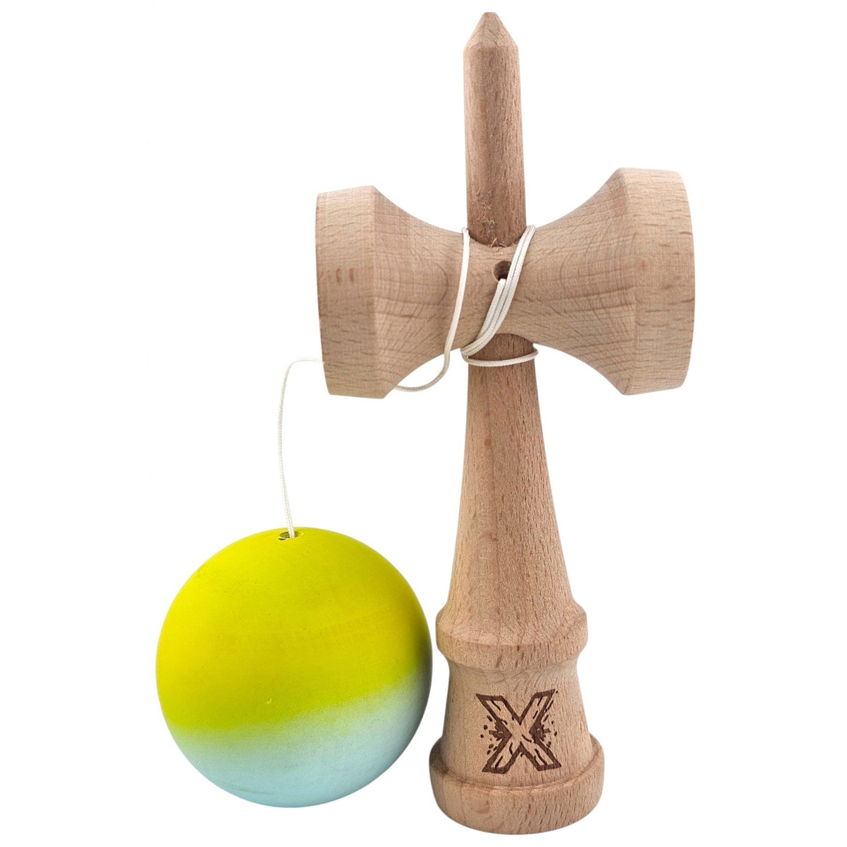 Kendama X Originala, Profesionala, Vivimall, din Lemn, Rubber Grip, 18 cm, Galben Verde - vivimall.ro