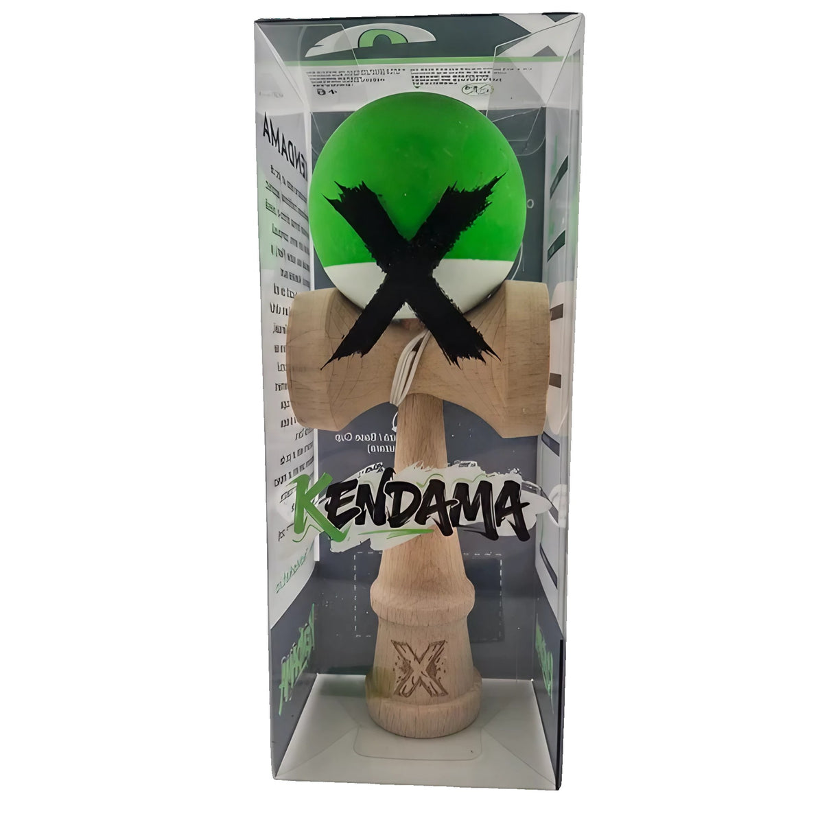 Jucarie Kendama X Originala, Profesionala, Vivimall, din Lemn, Rubber Grip, 18 cm, Verde/Alb - vivimall.ro