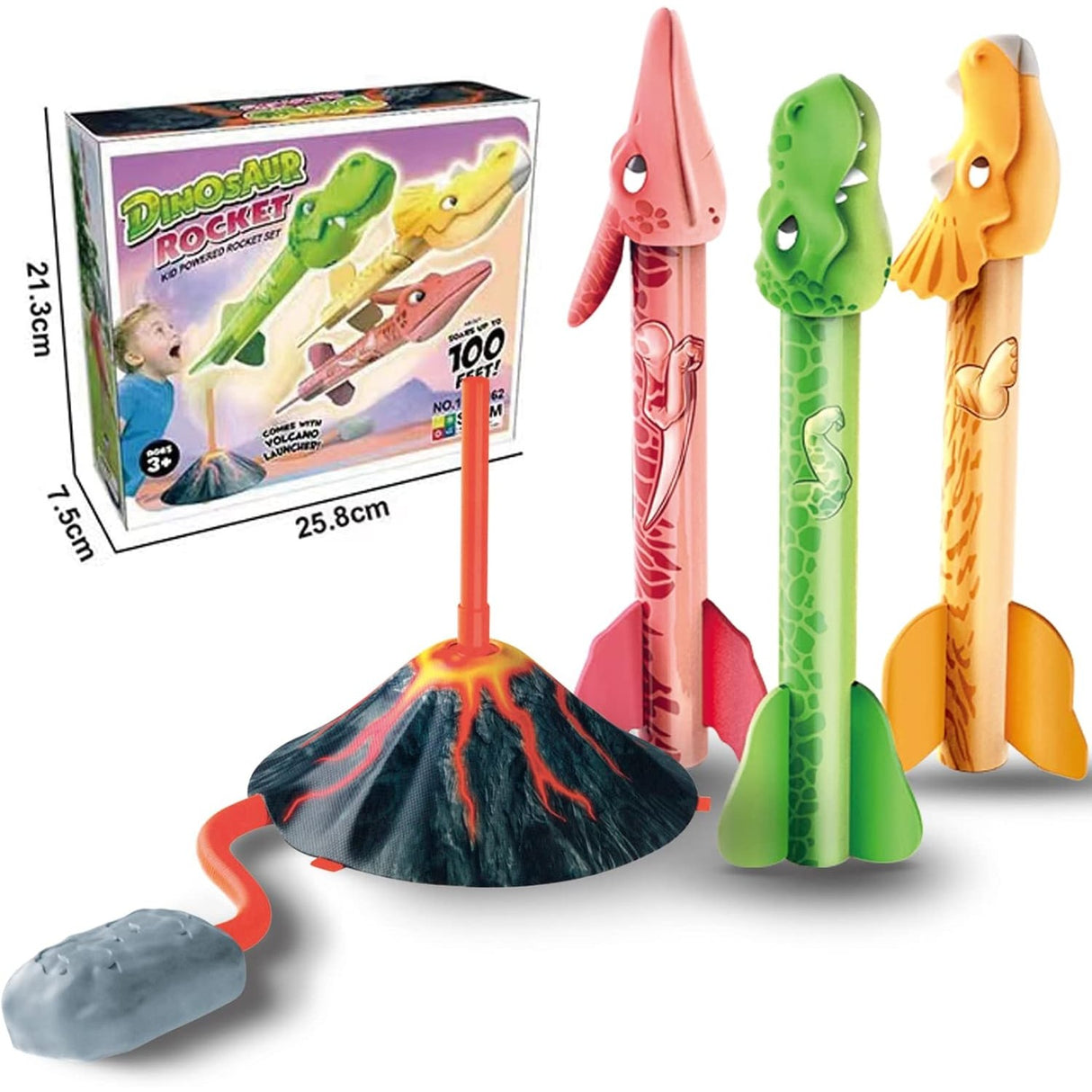Jucarie pentru Copii, Vivimall, Lansator de Rachete cu Piciorul, un Singur Lansator, 3 Rachete Donozauri cu Lumini, 30 cm Inaltime, Model Vulcan, Multicolor - vivimall.ro