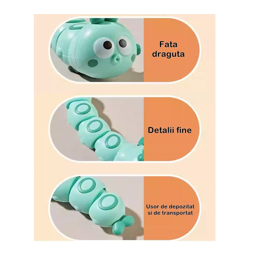 Jucarie mecanica pentru copii Vivimall, omida haioasa, cu cheita, distractiva, se taraste, se misca, 15 x 4 cm, verde - vivimall.ro