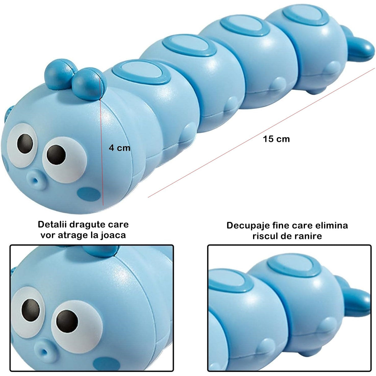 Jucarie mecanica pentru copii Vivimall, omida haioasa, material ABS, cu cheita, distractiva, se taraste, se misca, 15 x 4 cm, albastru - vivimall.ro