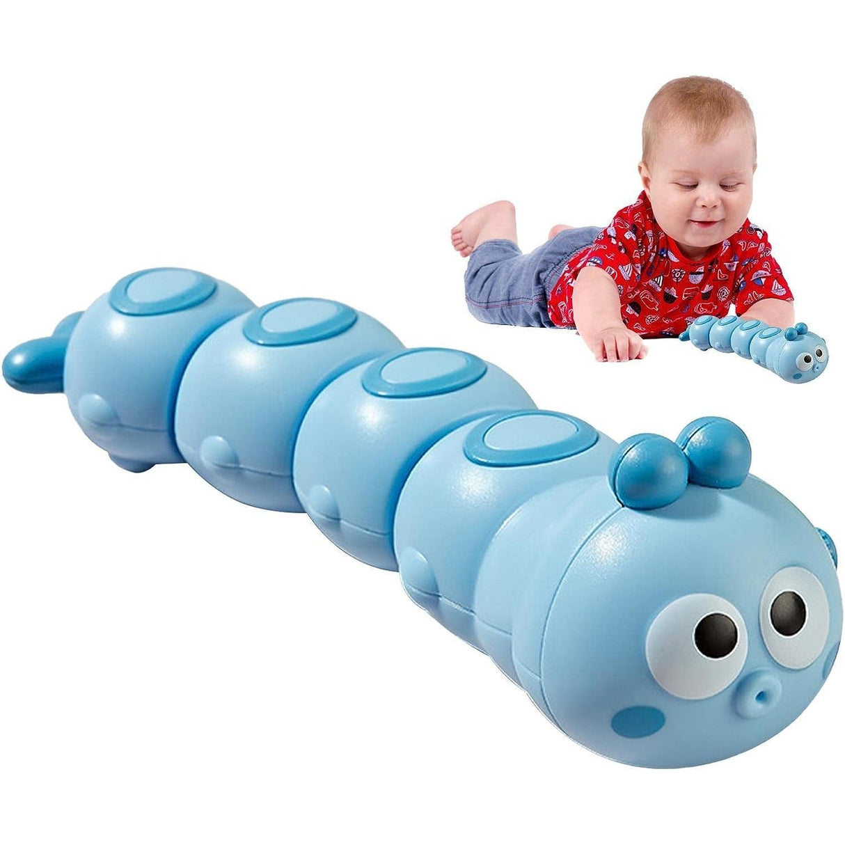 Jucarie mecanica pentru copii Vivimall, omida haioasa, material ABS, cu cheita, distractiva, se taraste, se misca, 15 x 4 cm, albastru - vivimall.ro