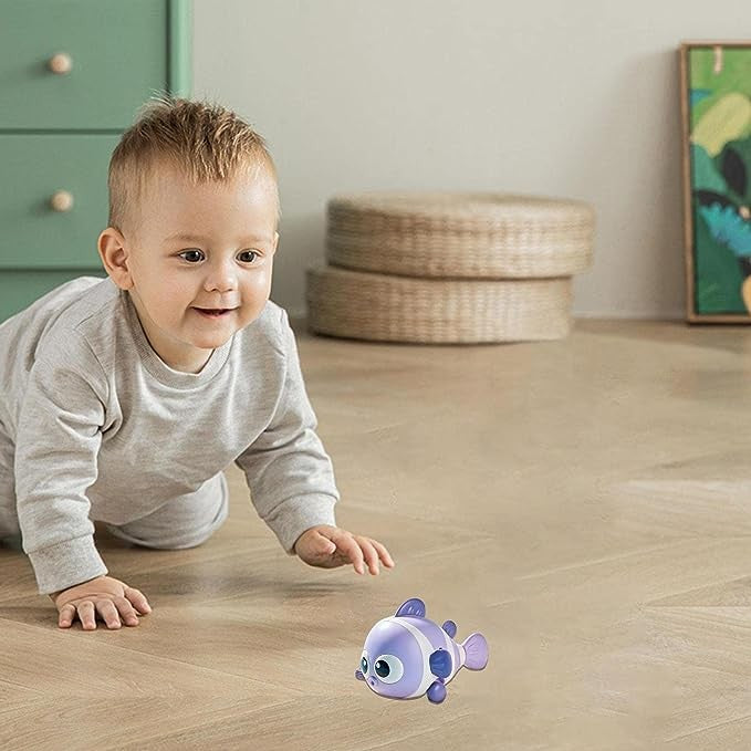Jucarie mecanica pentru copii Vivimall, pestisor haios, cu cheita, distractiv, se taraste, se misca, 11 x 9 x 7.5 cm cm, mov - vivimall.ro