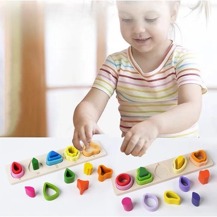 Jucarie Montessori din Lemn, Vivimall, Tip Puzzle, cu 5 Forme Asimetrice, 15 Piese, Educativa, Interactiva, Creativa, Model Copaci, Materiale Non Toxice, +2 Ani, 29x6.5 cm, Multicolor - vivimall.ro