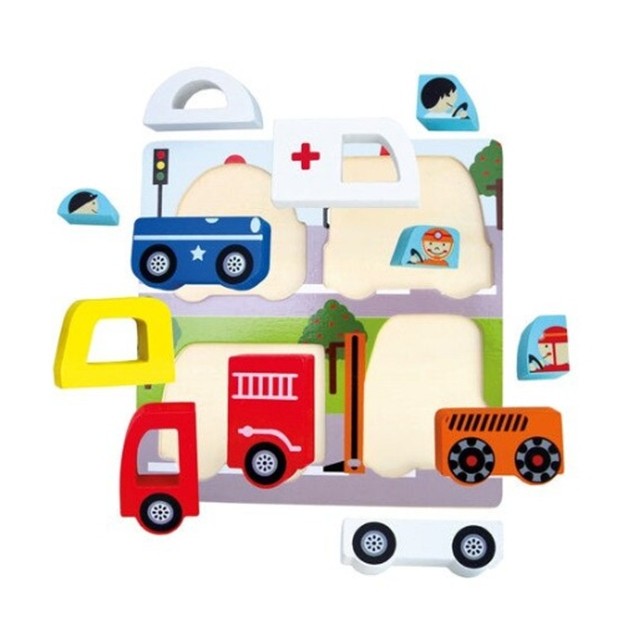Jucarie Montessori, Vivimall, Tip Puzzle 3D, din Lemn, +36 Luni, Model Masini, 18 x 18 x 1.5 cm, Multicolor - vivimall.ro