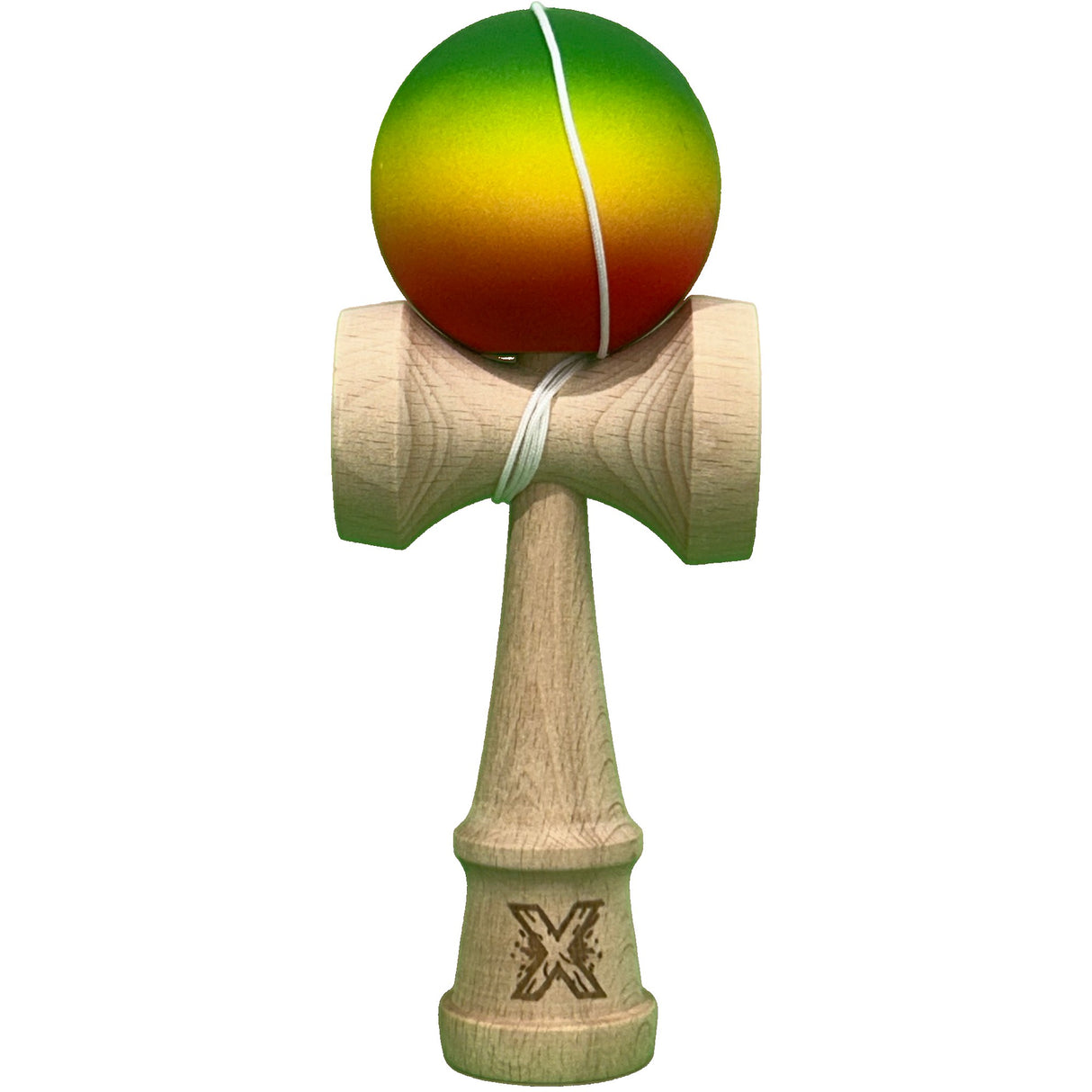 Jucarie Interactiva Kendama X Profesionala, Vivimall, din Lemn cu Bila Cauciucata, 18 cm, Joc de Indemanare pentru Copii si Adulti, Gradient Verde Galben Rosu - vivimall.ro