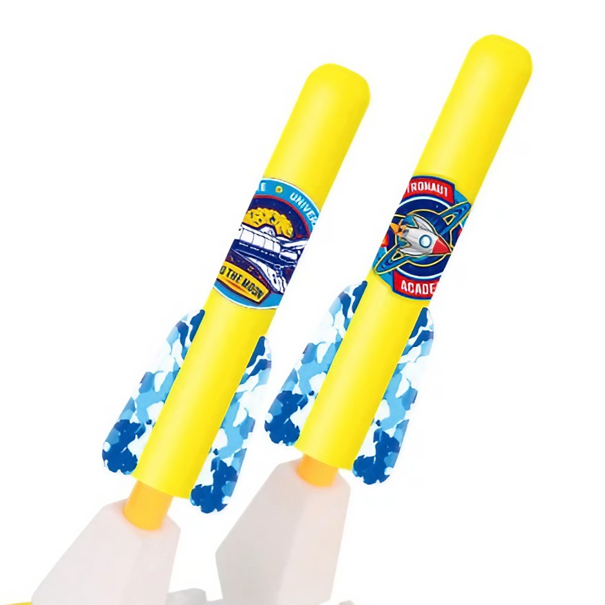 Jucarie pentru Copii, Vivimall, Lansator de Rachete cu Piciorul, Doua Lansatoare, 6 Rachete Fara Lumini, 33x25x27 cm, Galben-Albastru - vivimall.ro