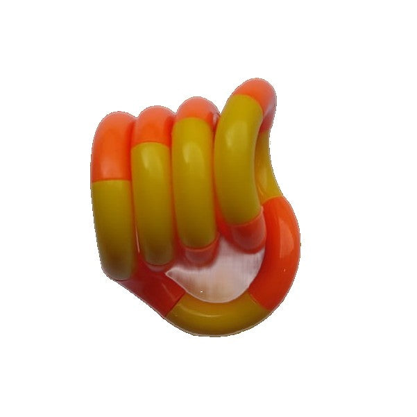 Jucărie Fidget Twist în mână, demonstrație mișcări de decompresie, culori galben și portocaliu, +3 ani