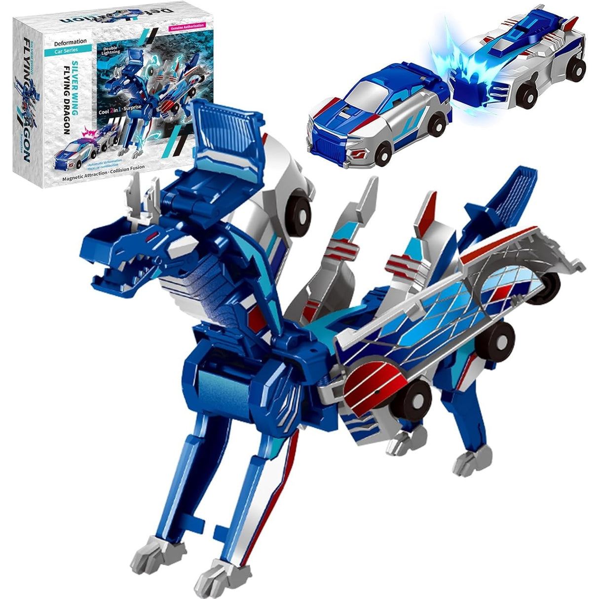 Jucarie Transformabila 2in1, Flippy, Silver Wing Flying Dragon, Masina/Dragon, Atractie Magnetica, +6 Ani, din ABS, Albastru - vivimall.ro