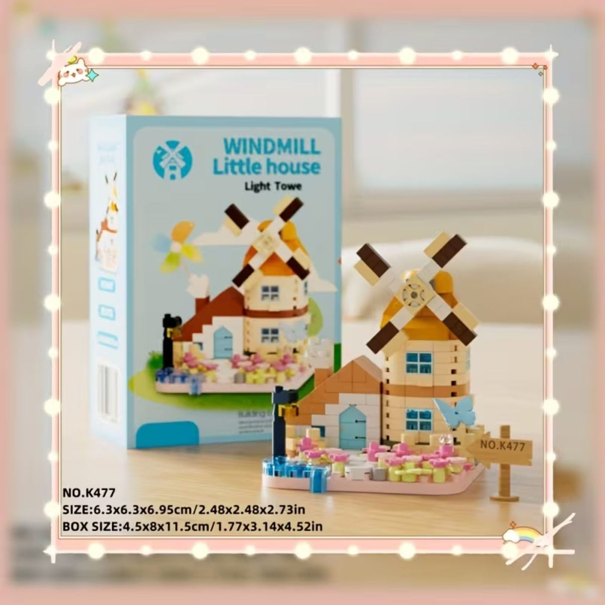Model miniaturală moară de vânt Flippy asamblat, plastic ABS albastru, dimensiuni 11.5x8x4.5 cm, perspectivă laterală