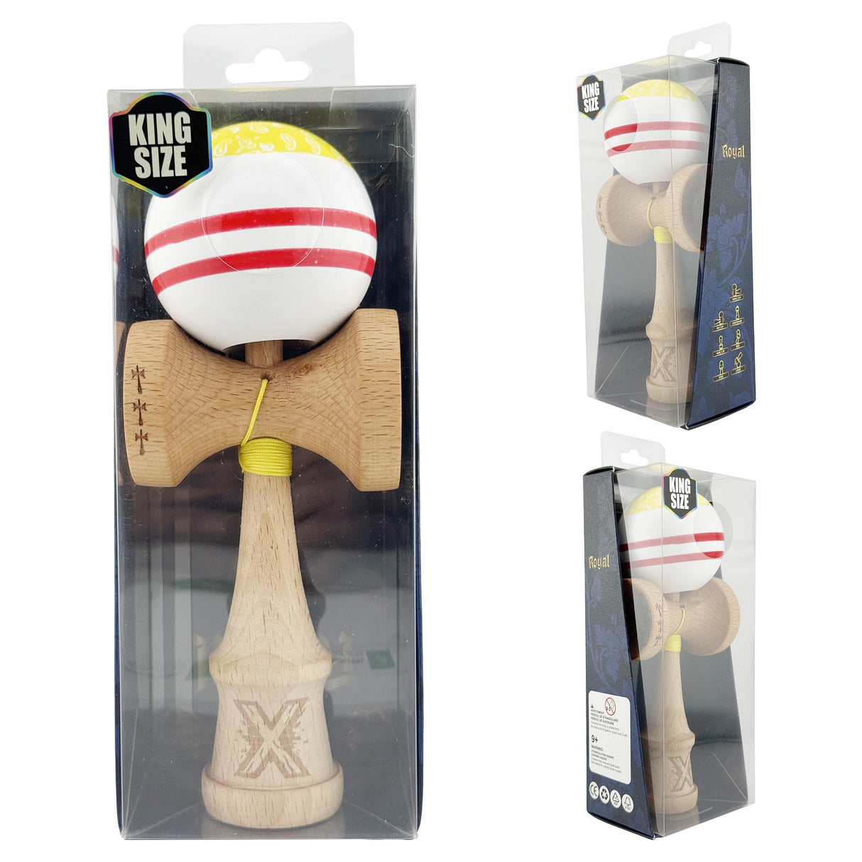 Kendama X CHICANOS Originala, Profesionala, Flippy, Big Cups V2, Super Sticky cu Cupe Mari, Rulment Metalic, din lemn 18 cm, Ata 55 cm, Auriu/Alb - vivimall.ro