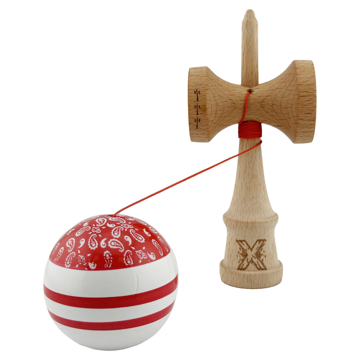 Kendama X CHICANOS Originala, Profesionala, Flippy, Big Cups V2, Super Sticky cu Cupe Mari, Rulment Metalic, din lemn 18 cm, Ata 55 cm, Rosu/Alb - vivimall.ro
