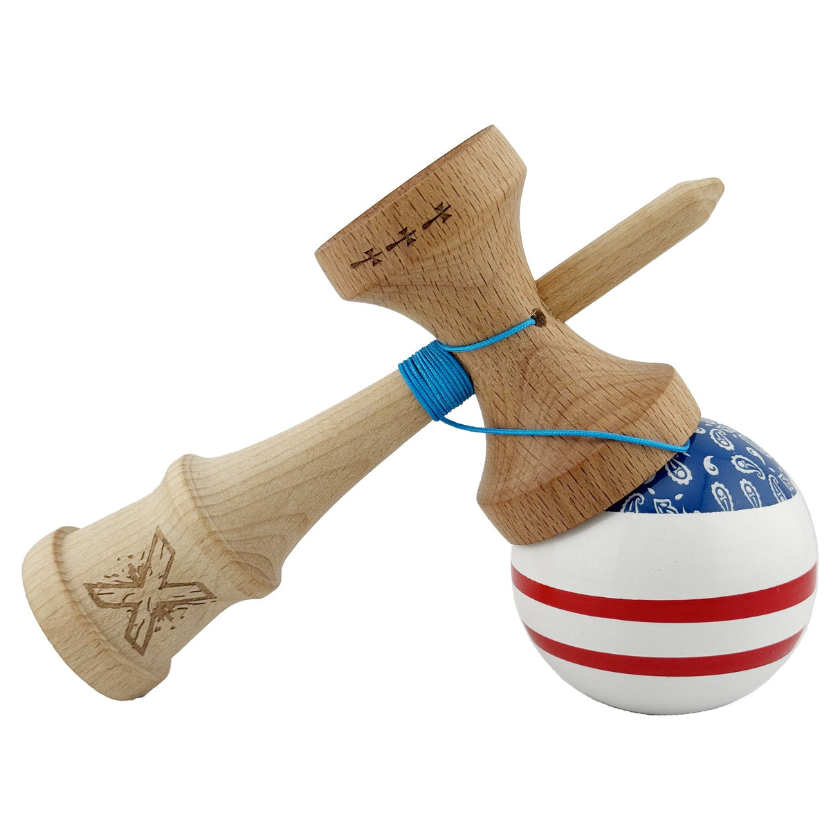 Kendama X CHICANOS Originala, Profesionala, Flippy, Big Cups V2, Super Sticky cu Cupe Mari, Rulment Metalic, din lemn 18 cm, Ata 55 cm, Albastru/Alb - vivimall.ro