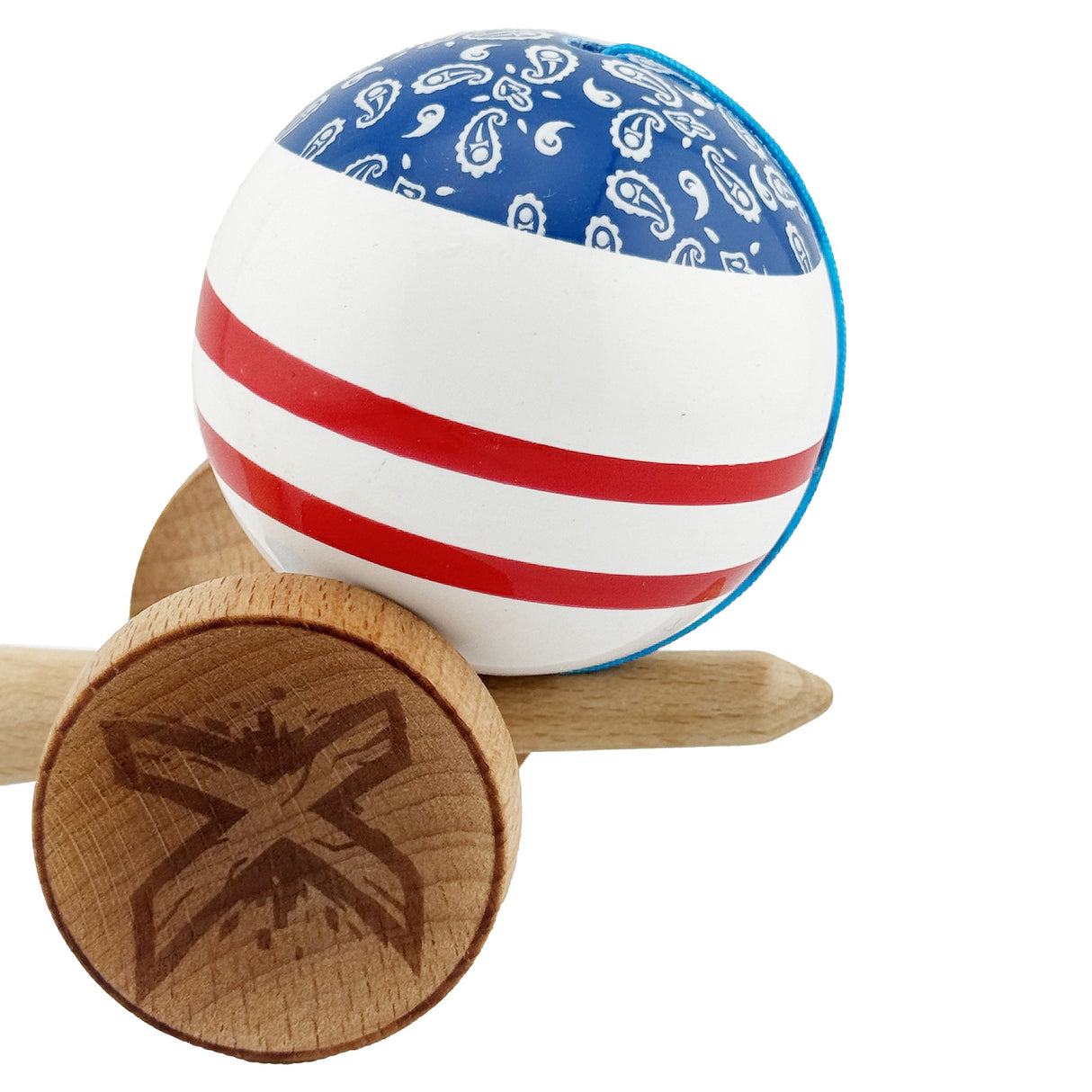 Kendama X CHICANOS Originala, Profesionala, Flippy, Big Cups V2, Super Sticky cu Cupe Mari, Rulment Metalic, din lemn 18 cm, Ata 55 cm, Albastru/Alb - vivimall.ro