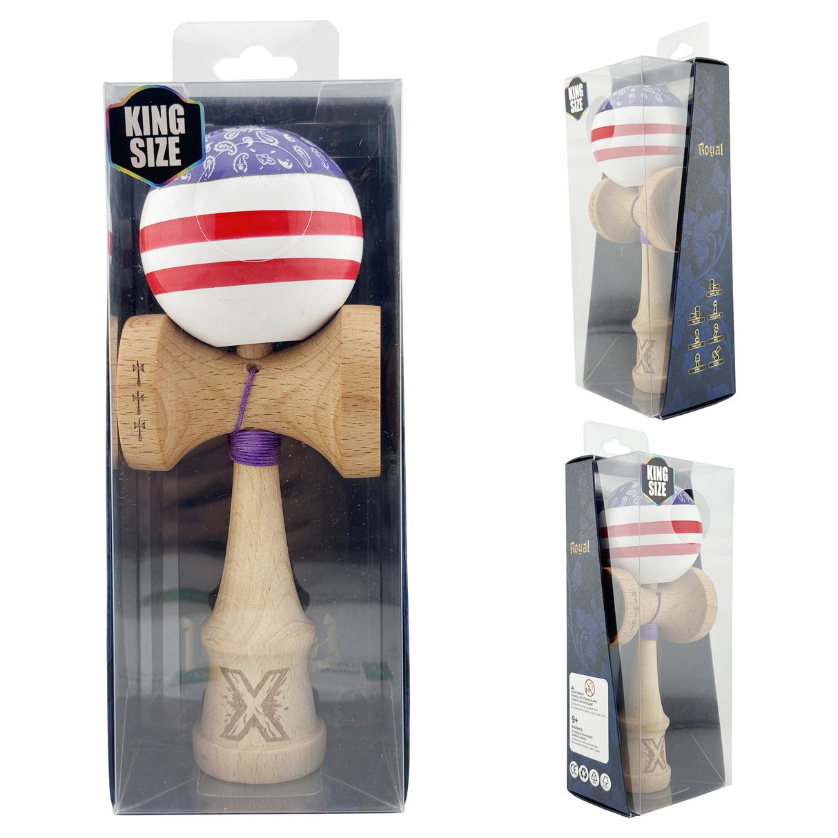 Kendama X CHICANOS Originala, Profesionala, Flippy, Big Cups V2, Super Sticky cu Cupe Mari, Rulment Metalic, din lemn 18 cm, Ata 55 cm, Violet/Alb - vivimall.ro