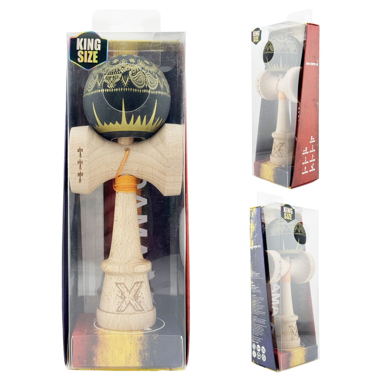 Kendama X Originala, Profesionala, Flippy, Legendary IMPERIAL, Super Sticky, Cupe Mari KING SIZE V3, Gaura in Baza, Rulment Metalic, din lemn 18 cm, Ata 62/65 cm, Negru/Auriu - vivimall.ro