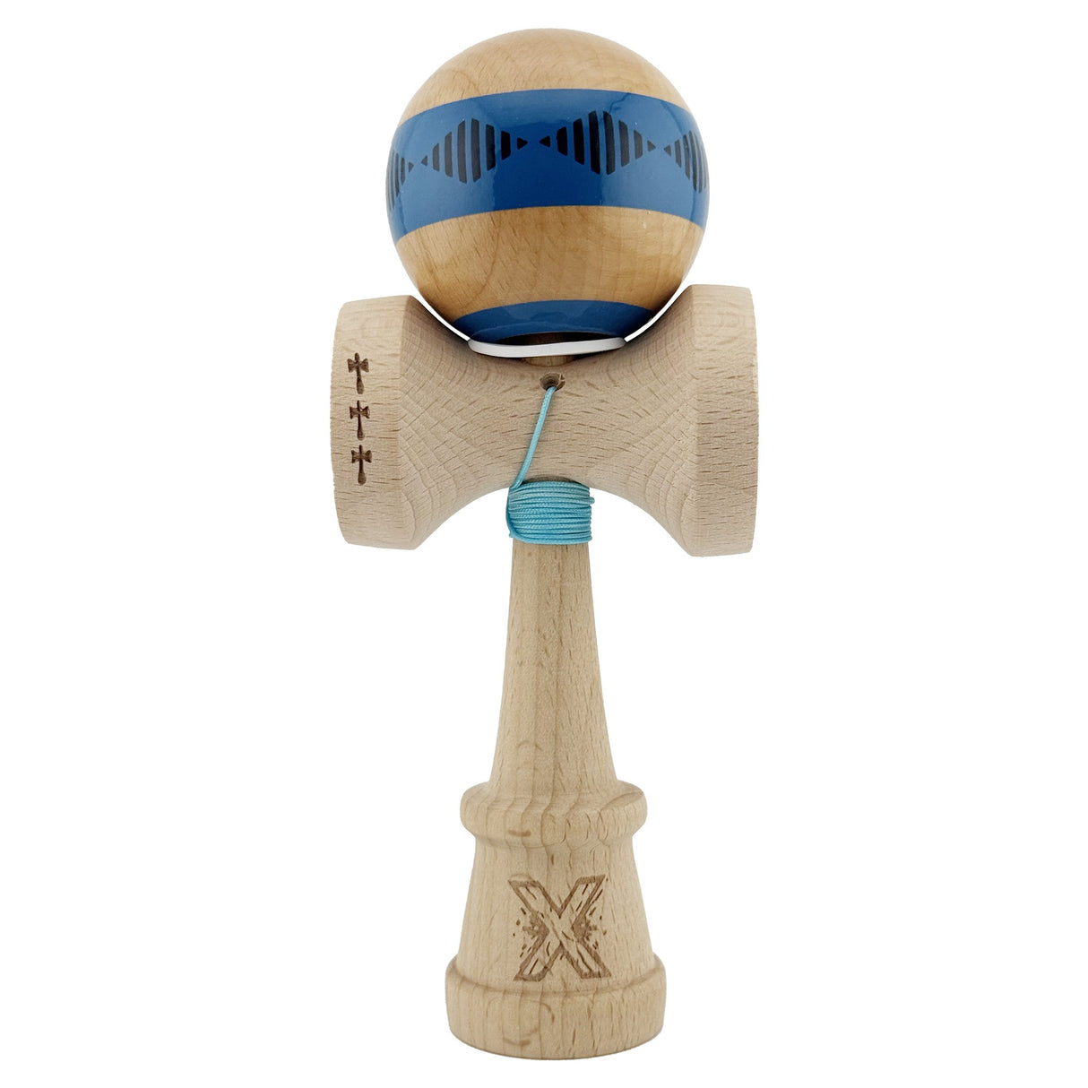 Kendama X Originala FREQUENCY, Profesionala, Vivimall, Cupe Mari KING SIZE V3, Super Sticky, Gaura in Baza, Rulment Metalic, din lemn 18 cm, Ata 55 cm, Albastru/Maro