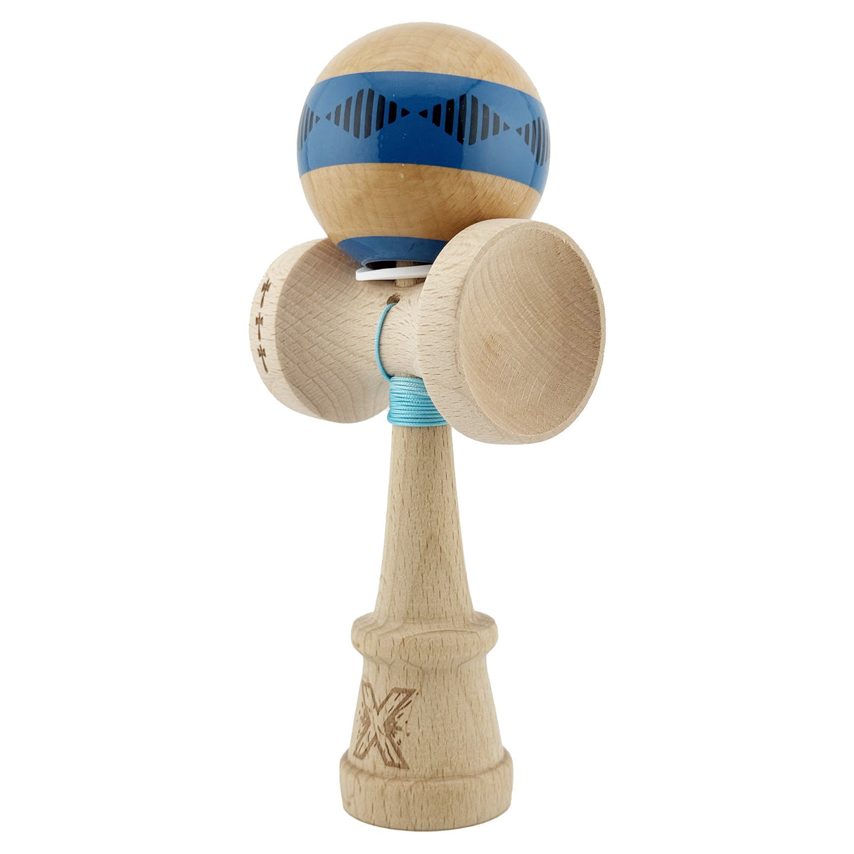Kendama X Originala FREQUENCY, Profesionala, Vivimall, Cupe Mari KING SIZE V3, Super Sticky, Gaura in Baza, Rulment Metalic, din lemn 18 cm, Ata 55 cm, Albastru/Maro