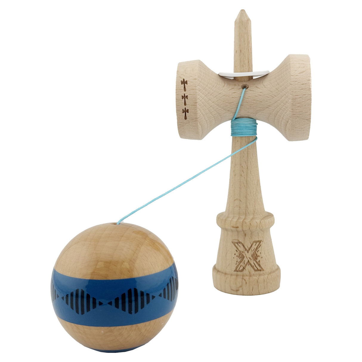 Kendama X Originala FREQUENCY, Profesionala, Vivimall, Cupe Mari KING SIZE V3, Super Sticky, Gaura in Baza, Rulment Metalic, din lemn 18 cm, Ata 55 cm, Albastru/Maro