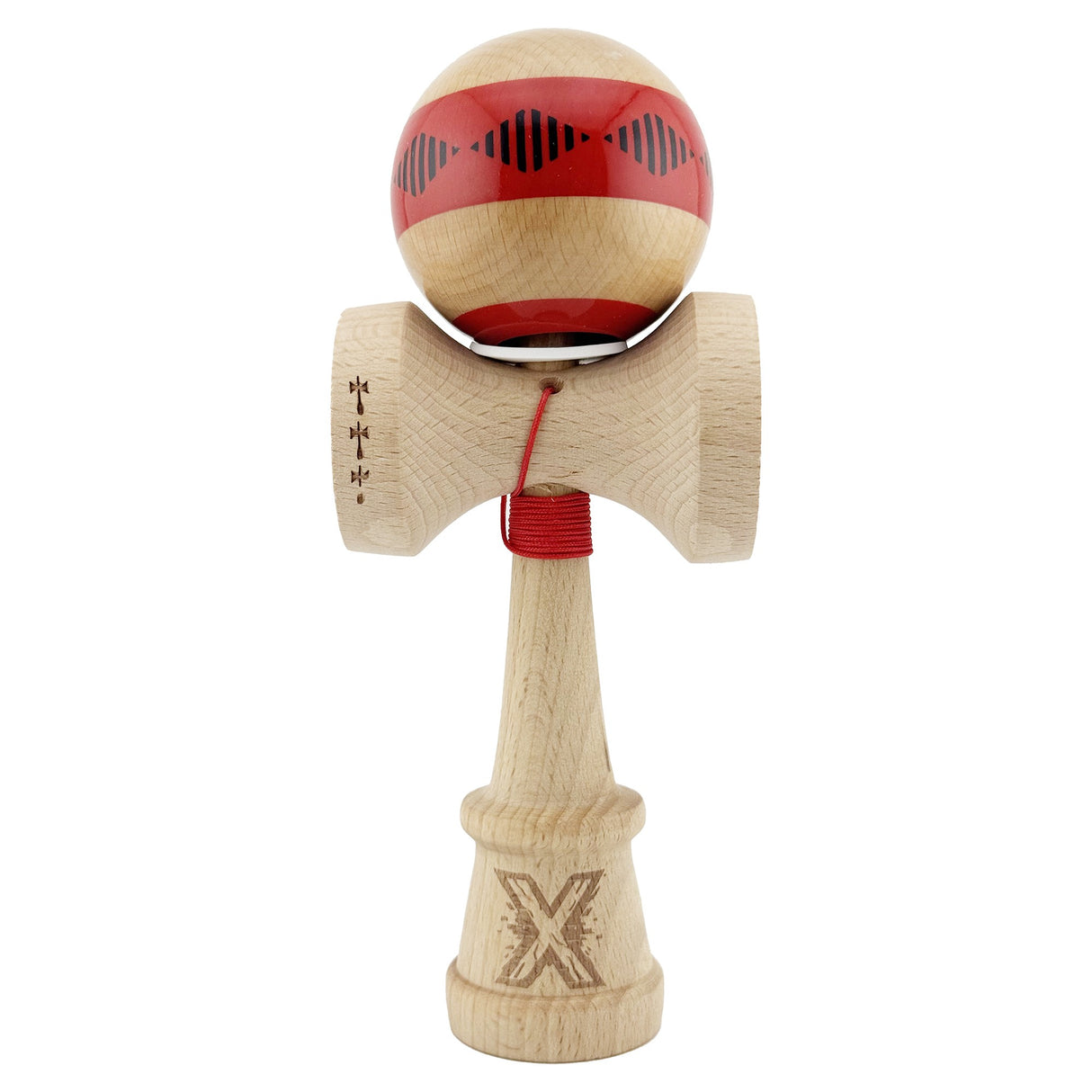 Kendama X Originala FREQUENCY, Profesionala, Vivimall, Cupe Mari KING SIZE V3, Super Sticky, Gaura in Baza, Rulment Metalic, din lemn 18 cm, Ata 55 cm, Rosu/Maro
