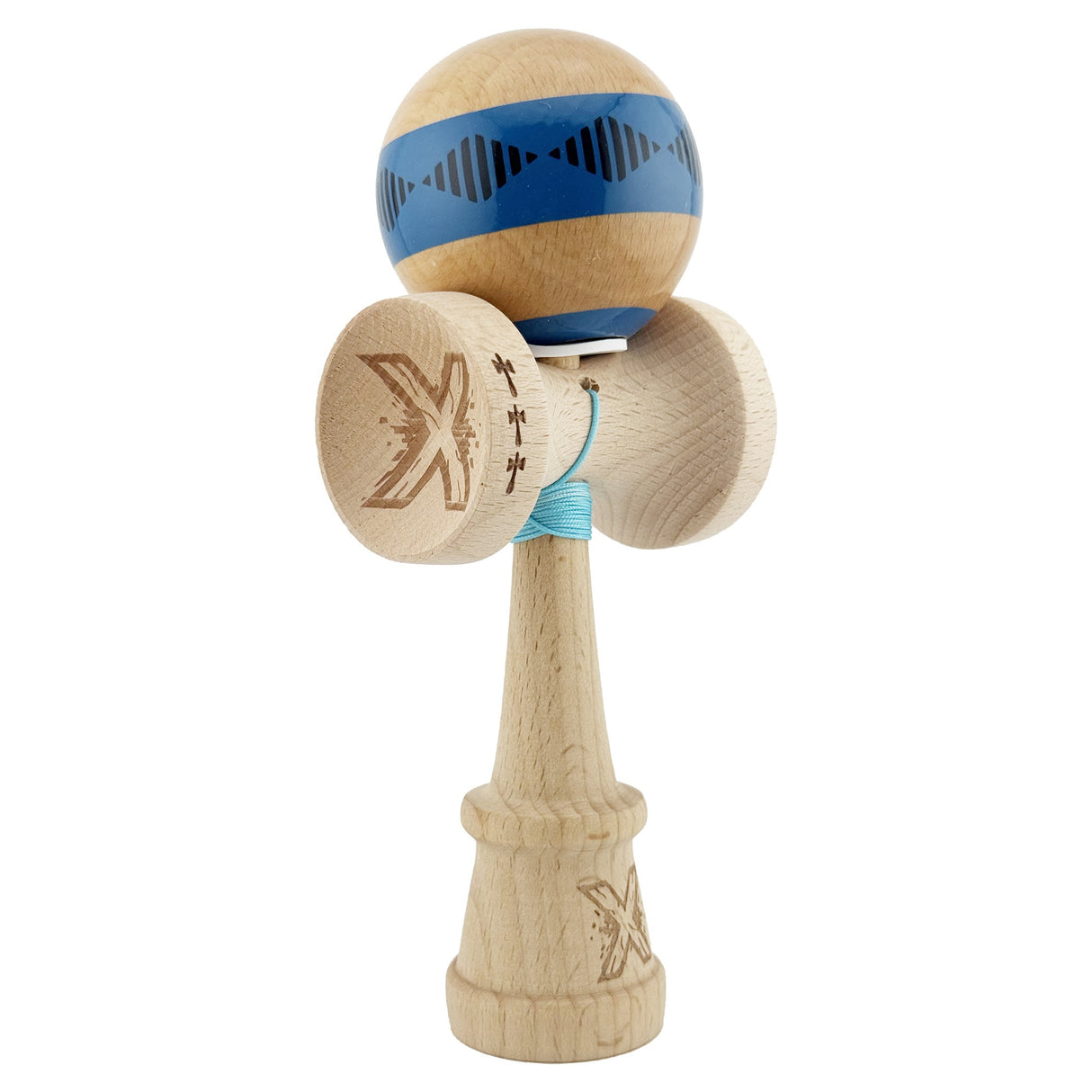Kendama X Originala FREQUENCY, Profesionala, Vivimall, Cupe Mari KING SIZE V3, Super Sticky, Gaura in Baza, Rulment Metalic, din lemn 18 cm, Ata 55 cm, Albastru/Maro
