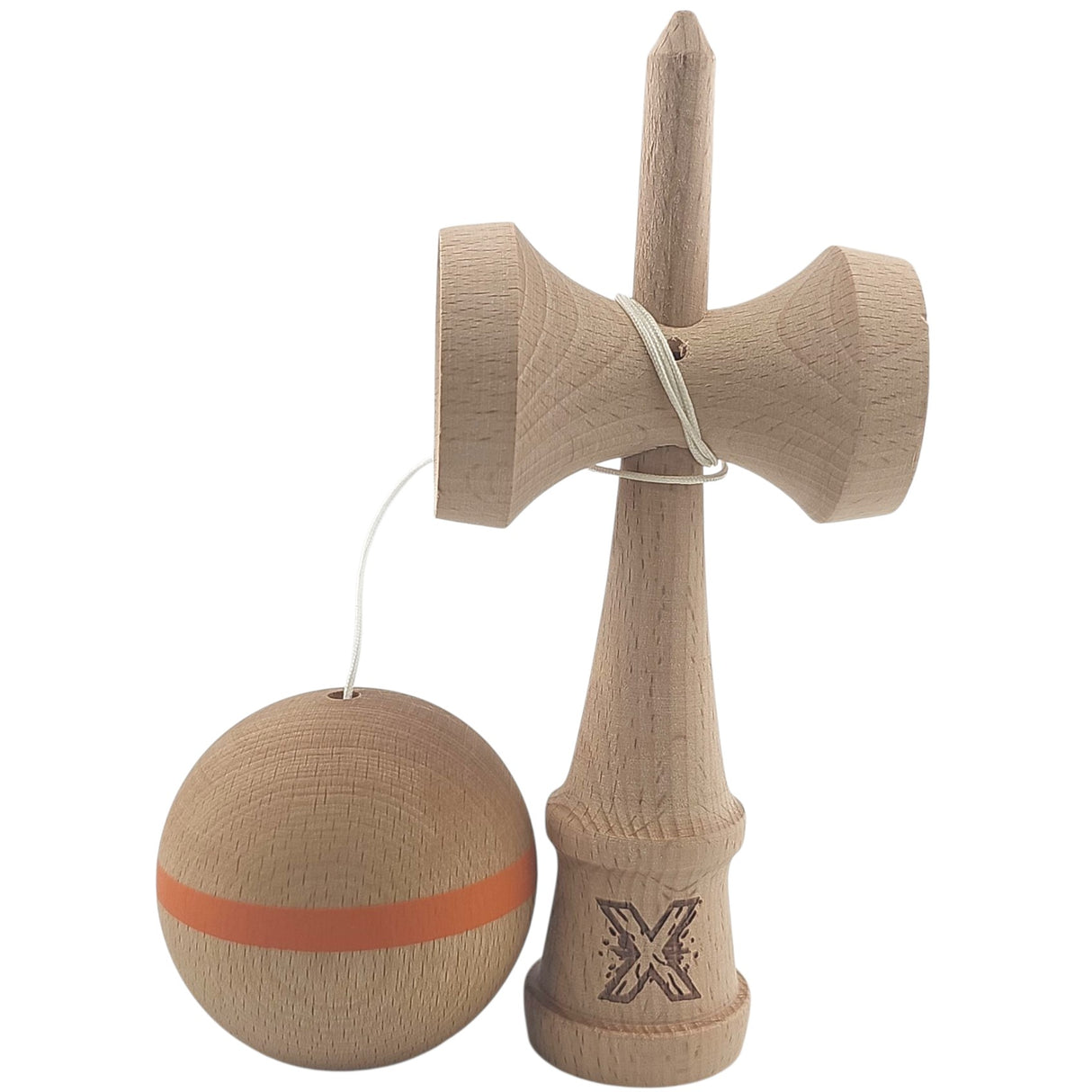 Kendama X Originală, Profesională, Vivimall, din Lemn, 18 cm Model cu Dunga, Portocaliu - vivimall.ro