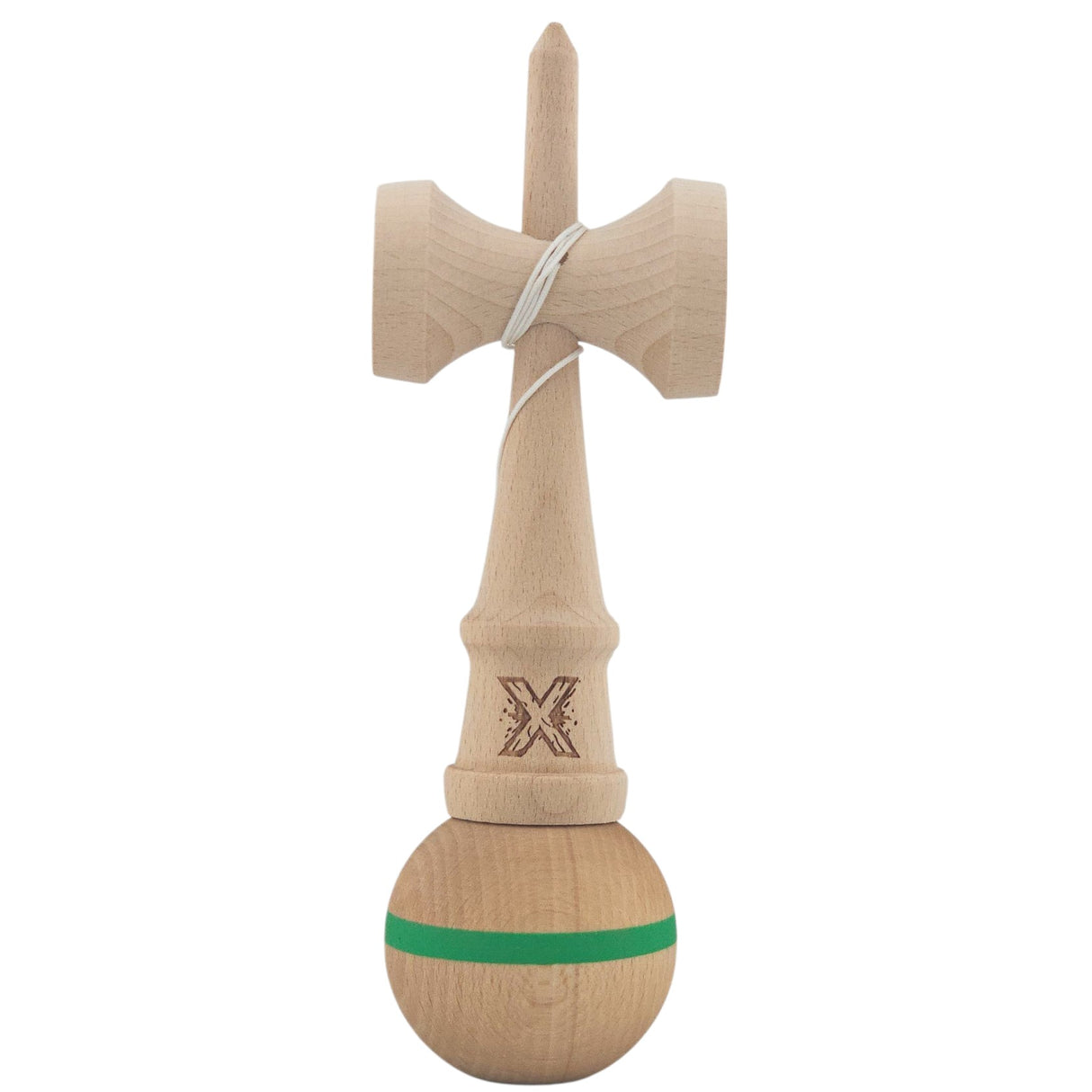 Kendama X Originală, Profesională, Vivimall, din Lemn,18 cm, Model cu Dunga Verde - vivimall.ro