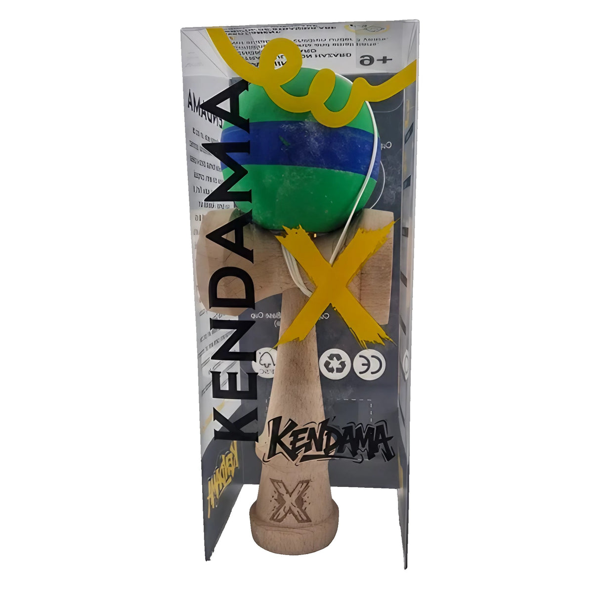 Kendama X Original, професионална, 18 см дървена, гумена дръжка, зелена/синя