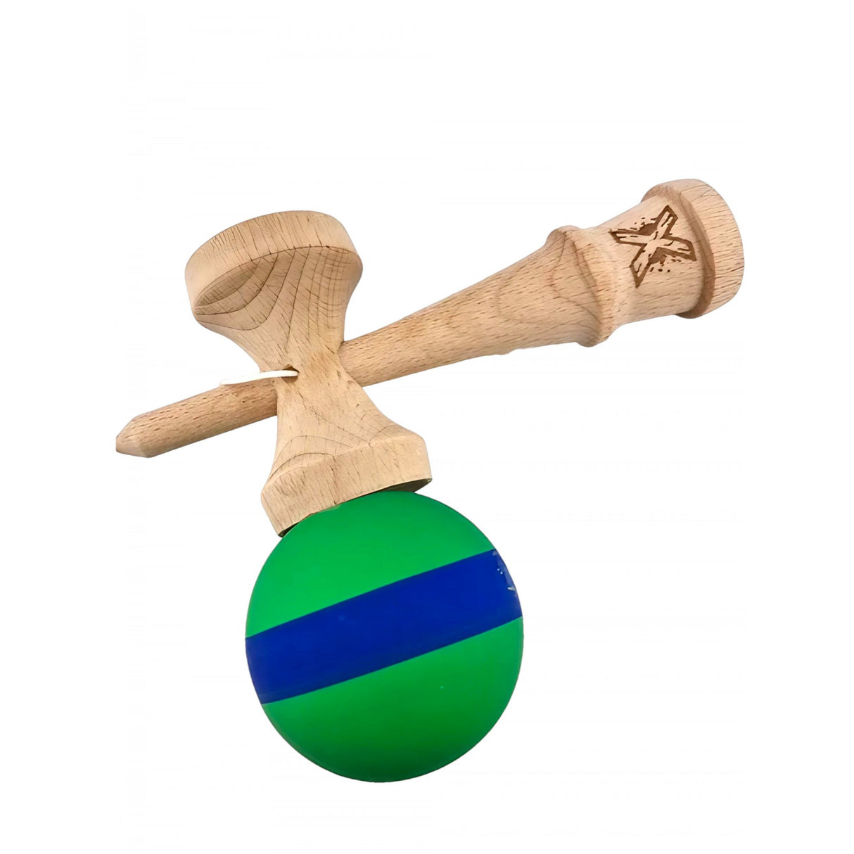 Kendama X Original, професионална, 18 см дървена, гумена дръжка, зелена/синя