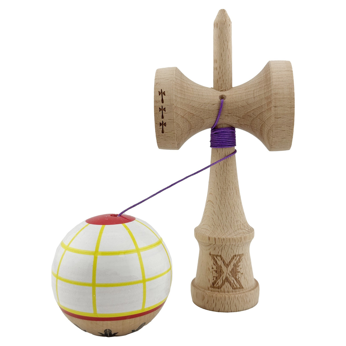 Kendama X Originala, Profesionala, Flippy, Big Cups V2, Model Glob Super Sticky Legendary Cupe Mari, Rulment Metalic cu Ata 55 cm, Alb/Galben/Rosu - vivimall.ro