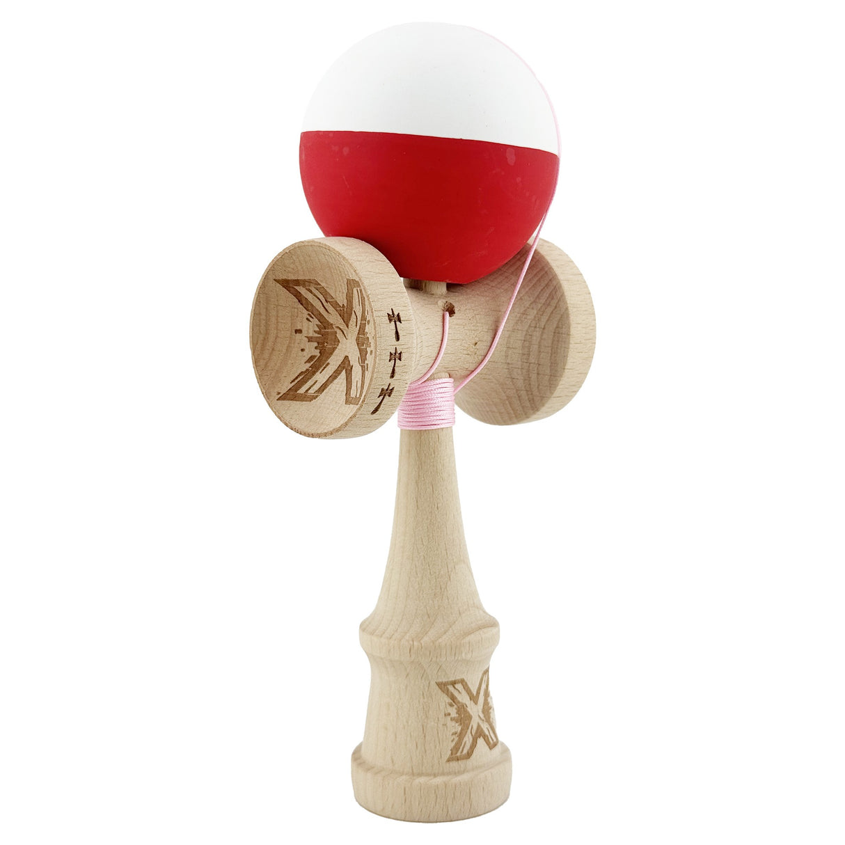 Kendama X Originala, Profesionala, Vivimall, Big Cups V2, Rubber Grip cu Cupe Mari, Rulment Metalic cu Ata 55 cm, Alb/Rosu - vivimall.ro