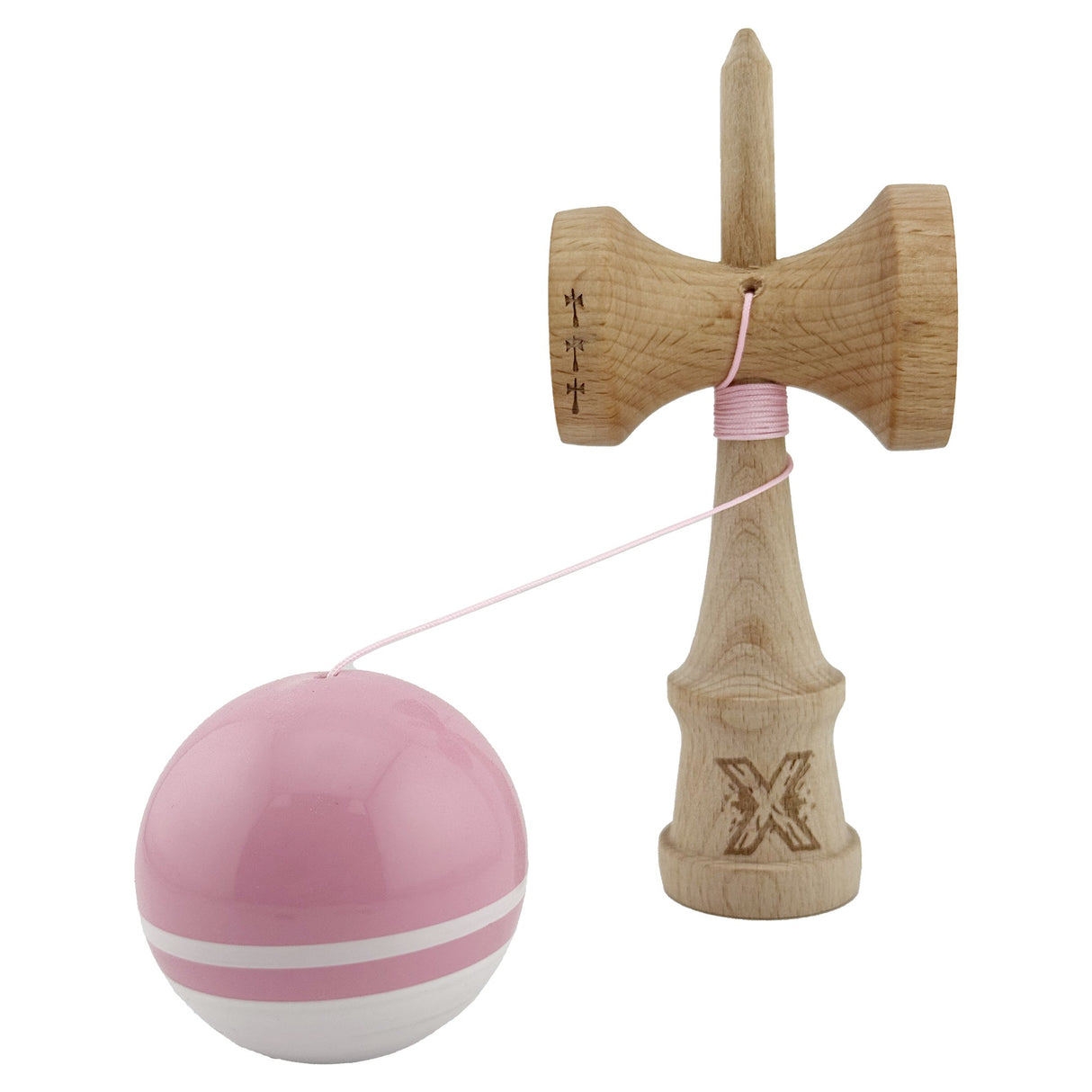 Kendama X Originala, Profesionala, Vivimall, Big Cups V2, Super Sticky cu Cupe Mari, din lemn 18 cm, Rulment Metalic cu Ata 55 cm, Roz/Alb - vivimall.ro