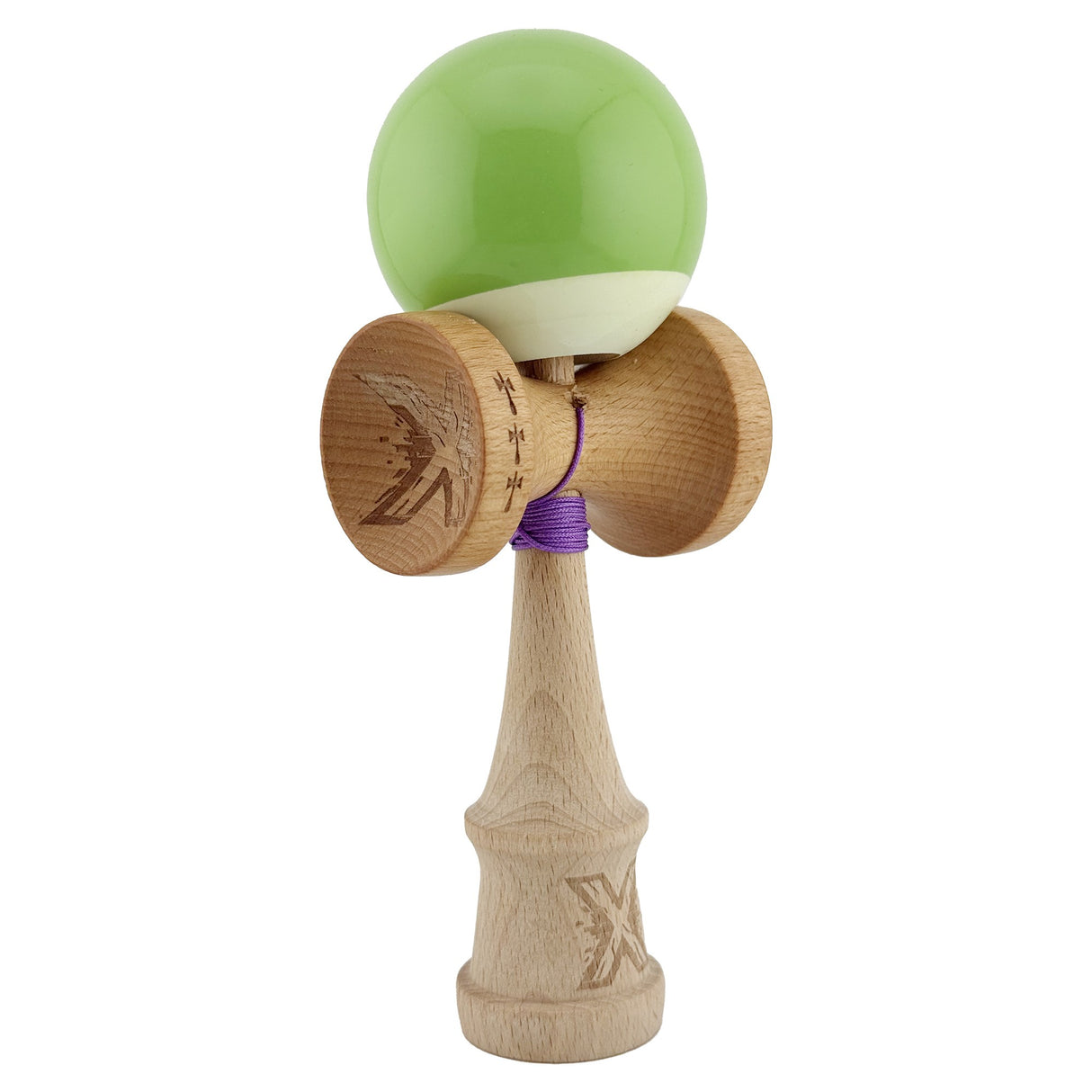 Kendama X Originala, Profesionala, Flippy, Big Cups V2, Super Sticky cu Cupe Mari, din lemn 18 cm, Rulment Metalic cu Ata 55 cm, Verde deschis/Alb - vivimall.ro