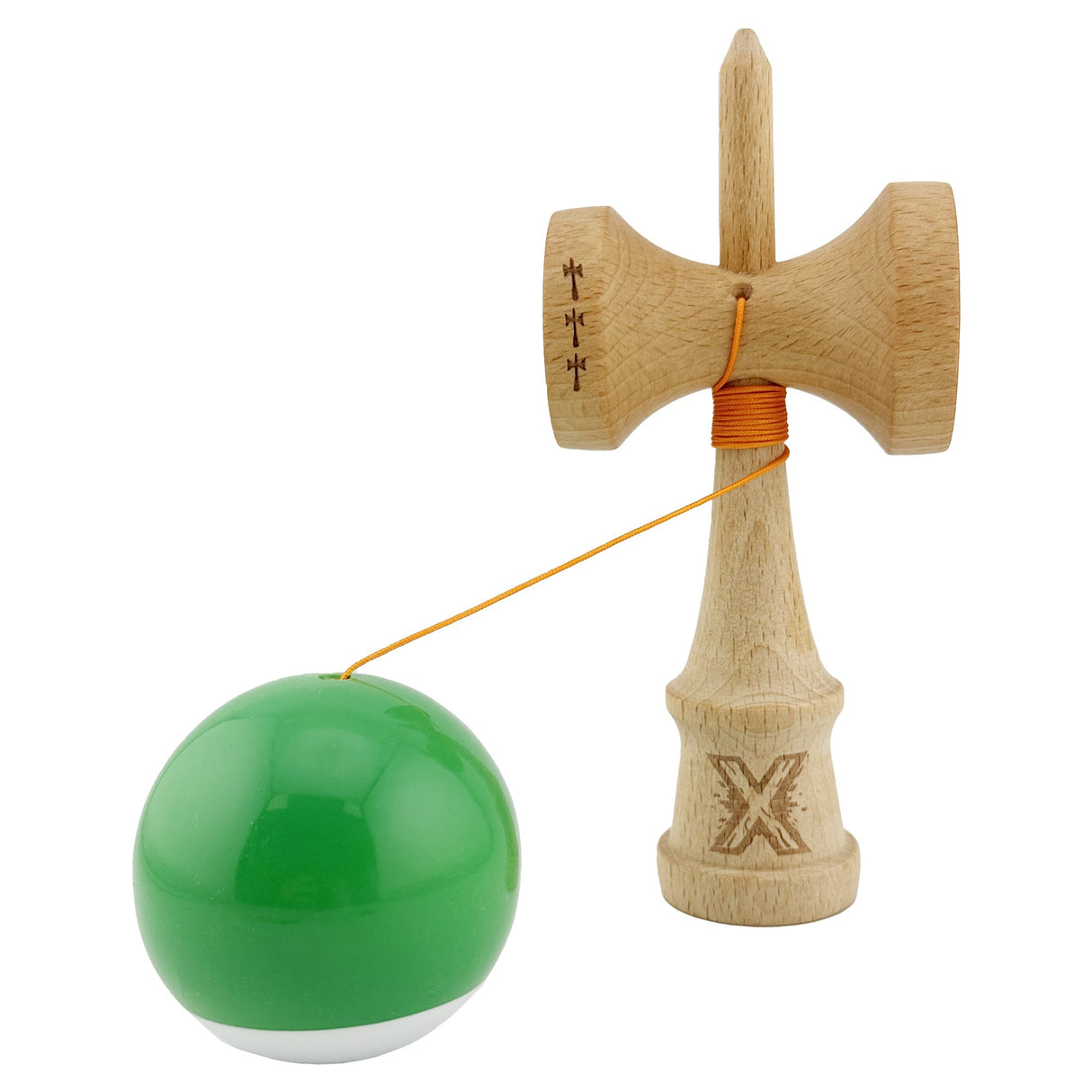 Kendama X Originala, Profesionala, Vivimall, Big Cups V2, Super Sticky cu Cupe Mari, din lemn 18 cm, Rulment Metalic cu Ata 55 cm, Verde/Alb - vivimall.ro